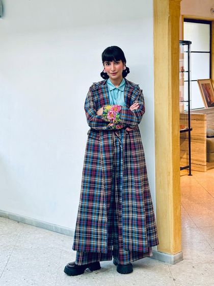 Another winter look, featuring a different plaid coat with beautiful floral embroidery on the back.