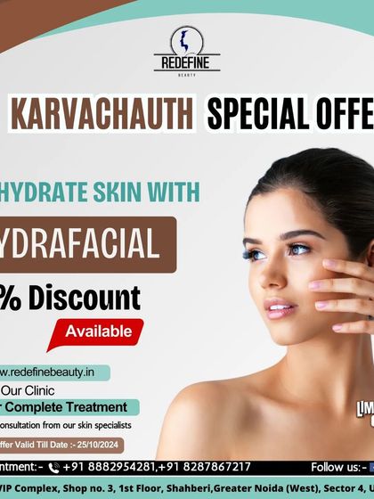 This graphic shows a Karvachauth special offer for our Hydrafacial. It's the perfect treatment to get hydrated, glowing skin for any festive occasion.