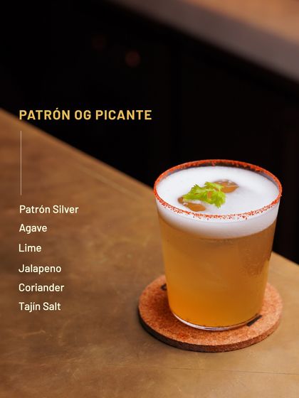 The Patrón OG Picante from our Bacardi collaboration. Patrón Silver, agave, lime, and jalapeño come together for a spicy, tangy kick, finished with a Tajin salt rim.