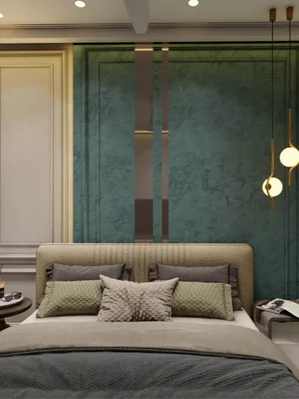 A clean version of the teal and beige bedroom, allowing the textures, colors, and classic wall molding to be the primary focus. The pendant lights and layered bedding create a sense of refined comfort.