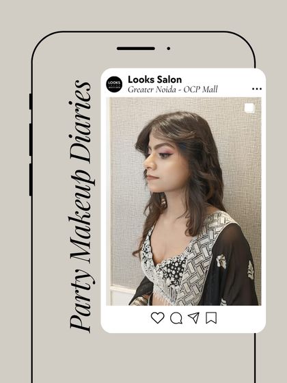 A side profile of the playful pink makeup look. This angle shows how the feathered hairstyle adds volume and movement, completing the youthful and trendy style.