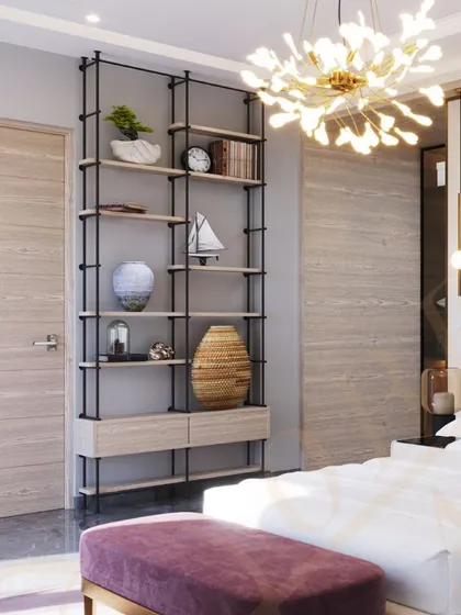 A detail of the industrial-style shelving unit, which adds a modern, functional element to the otherwise soft and luxurious room.