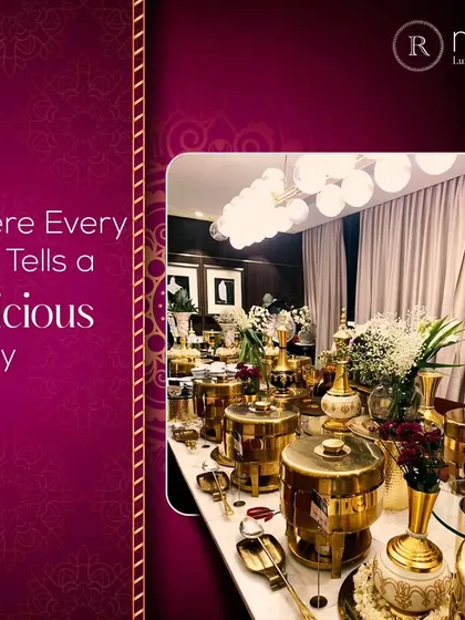 Where every dish tells a delicious story. A beautifully arranged buffet line with our signature golden chafing dishes, ready to serve a feast for the senses.