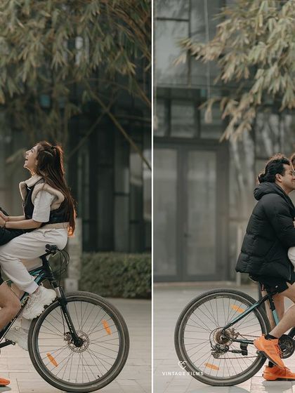 A romantic bicycle ride for two. This pre-wedding photo is full of movement and affection, telling a story of a couple who enjoys every moment together.
