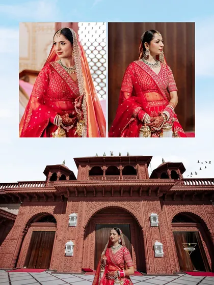 A collage showcasing the bride against the stunning architecture of their destination wedding venue, a beautiful red stone palace.