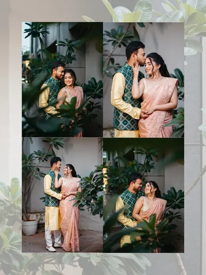 A collage of sweet, playful moments from Rasika and Vedant's Maharashtrian engagement. We love capturing the little glances and laughs that show a couple's true personality.