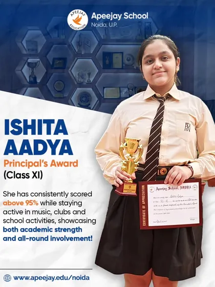 We celebrate all-rounders like Ishita Aadya, recipient of the Principal's Award. Her consistent academic excellence, scoring above 95%, combined with active participation in music and school clubs, embodies the holistic achiever we nurture.