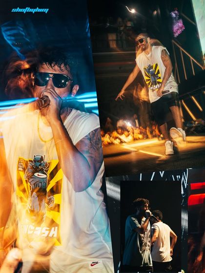 Another dynamic collage of Seedhe Maut's performance, using motion blur and multiple exposures to convey the high energy of their set.