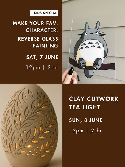 Part of our June workshop schedule, featuring a kids' special 'Reverse Glass Painting' workshop and a 'Clay Cutwork Tea Light' session.