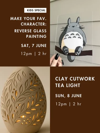 Part of our June workshop schedule, featuring a kids' special 'Reverse Glass Painting' workshop and a 'Clay Cutwork Tea Light' session.
