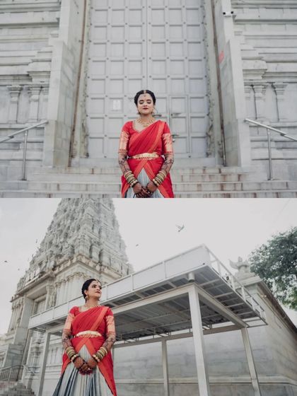 A collage of the bride in a traditional red and grey half saree, posing against a grand temple. These shots highlight the beauty of ethnic wear in a majestic setting.