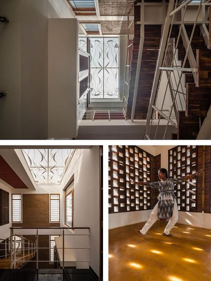 This collage shows a multi-purpose room designed for dance and movement. The jaali brick wall creates a mesmerizing pattern of light on the floor, making the space feel alive and inspiring.
