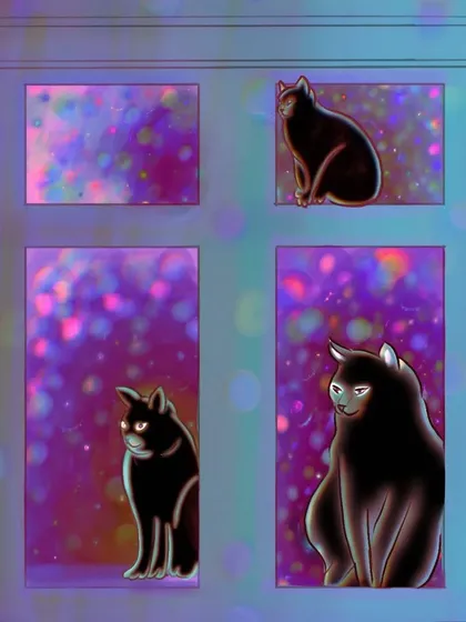 This close-up focuses on the glowing eyes of the black cats, adding to the enchanting and slightly mysterious feel of the illustration.