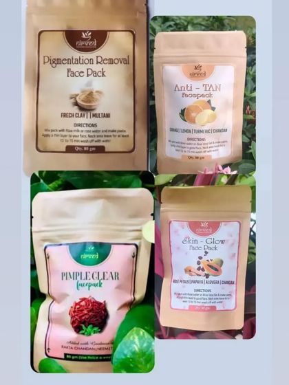 I have a collection of face packs for different skin concerns: Pigmentation Removal, Anti-Tan, Pimple Clear, and Skin-Glow.