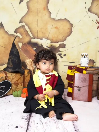 The complete Harry Potter themed set for a baby photoshoot. This wide view shows all the elements that make this session a fan favorite.