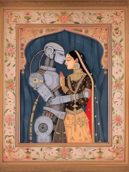 A piece titled 'The Lovers', showing a robot and a woman in traditional attire in an intimate embrace, painted in a Mughal miniature style. It explores themes of love across human and machine divides.