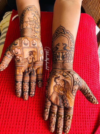 The full two-hand design for Karwachauth, one with a couple portrait and the other with a woman holding a diya (lamp).