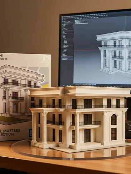Our process begins with detailed 3D visualization. This image shows the journey from a digital 3D model on screen to a physical architectural model and a printed concept for the 'Villa Imperial' project. This precision ensures every detail is perfect before construction even starts.