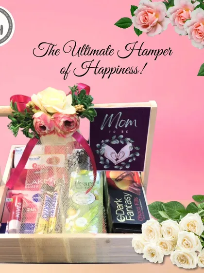 The ultimate hamper of happiness for a mom-to-be. This wooden basket is filled with pampering items like Nivea and Lakme products, along with Dark Fantasy chocolates.