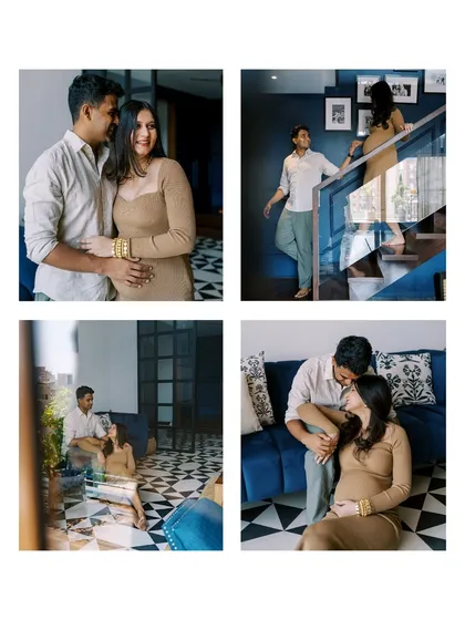 A four-image grid telling the story of a home session. The slightly grainy, film-inspired look gives these moments a nostalgic and timeless quality.