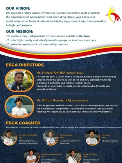 Meet our directors and coaches. This brochure page outlines our vision, mission, and the experienced team dedicated to guiding our gymnasts to excellence.