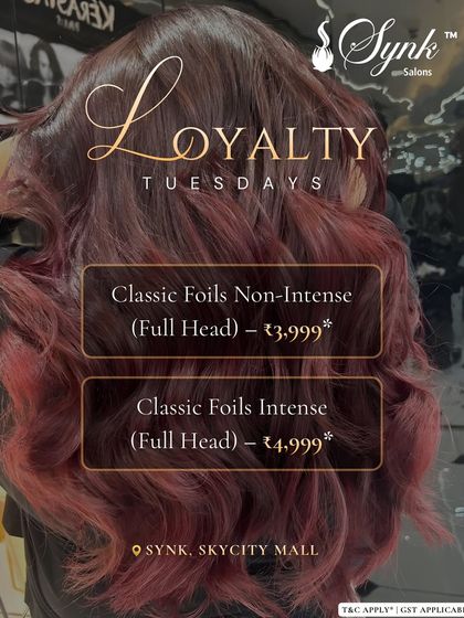 Our Loyalty Tuesday offer featuring Classic Foils. This image shows a vibrant, intense red created with a full head of foils for maximum colour impact.