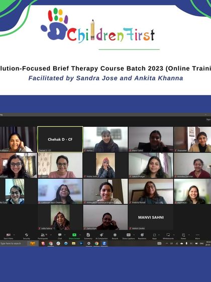 A look at our 2023 Solution-Focused Brief Therapy online course. This screenshot shows participants and facilitators Sandra Jose and Ankita Khanna during an interactive training session.