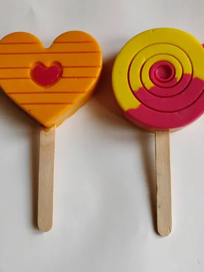 Candy soap lollipops that are almost too cute to use. I make these in fun shapes like hearts and swirls. They are a perfect bath treat and make washing hands so much more fun for kids.