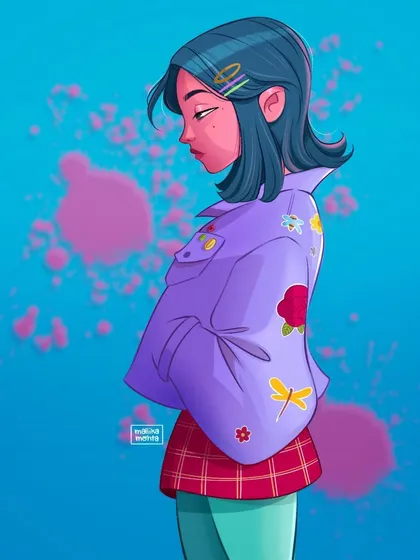 My entry for a 'Draw This In Your Style' challenge, featuring a character with blue hair and a purple jacket. This shows my ability to interpret another artist's character in my own unique style.
