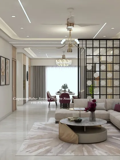 A wide-angle view of the open-plan 3BHK, showing the seamless flow from the living area to the dining space. The consistent flooring and ceiling design unite the entire area.