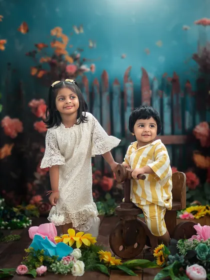 Capturing the sweet, playful bond between siblings is one of my greatest joys. In my studio, we can create whimsical, themed setups like this enchanted garden to let their personalities shine.
