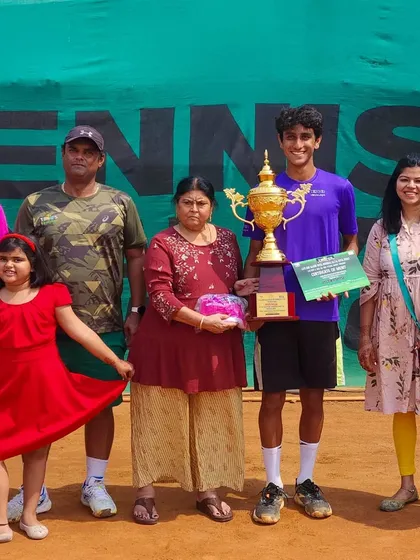 The winners of the 5th Shri Rajesh Patel Memorial Super-Series AITA Tennis Tournament with their trophies.