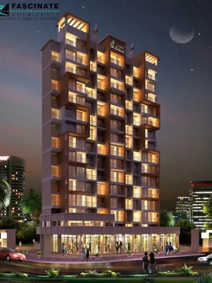 A night-time rendering of "Imperial Crest" in Taloja, Navi Mumbai, a completed residential project with 42 flats and ground-floor retail. This view emphasizes the building's lighting design, which creates a warm and inviting presence while highlighting the architectural details of the facade and staggered balconies.