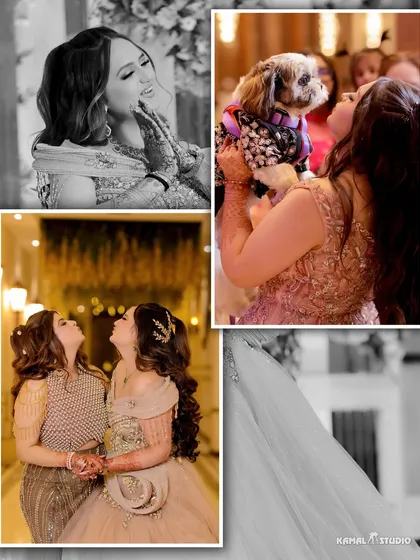 A collection of candid and emotional moments, including the bride with her pet and sharing a laugh with her sister.