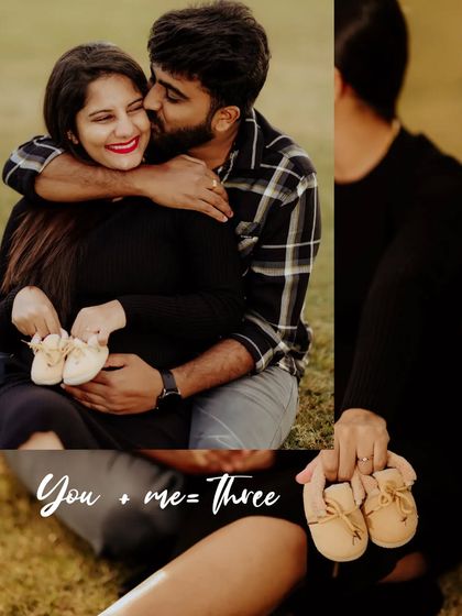 This collage beautifully illustrates the "You + me = Three" story. It combines a loving portrait of the couple with a close up of them holding a tiny pair of baby shoes, capturing the excitement of their growing family.