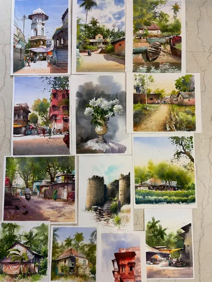 A collection of some of my watercolor landscape and cityscape paintings. This shows the variety of scenes I can create, from architectural studies to natural landscapes and still life.