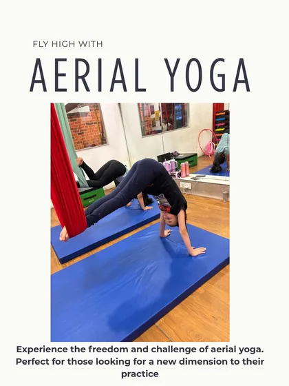 Experience the freedom and challenge of aerial yoga. This pose combines strength and balance, offering a new dimension to your practice.