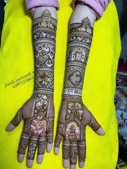 A very dense and detailed design featuring various wedding rituals, auspicious symbols, and architectural elements.