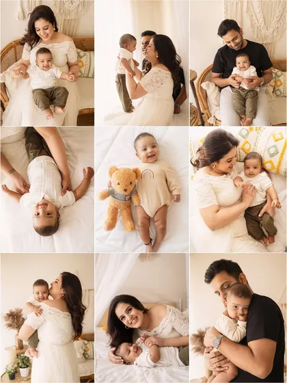 A collection of images from a baby milestone session, showing playful interactions, solo portraits, and loving family cuddles in a bright, natural setting.