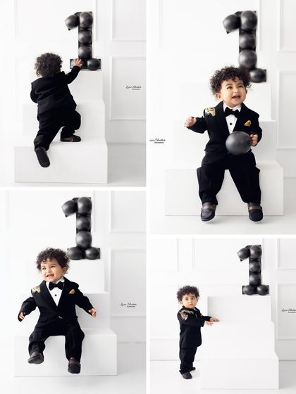 A collage showing all the fun and different poses from our stylish black and white themed first birthday shoot.