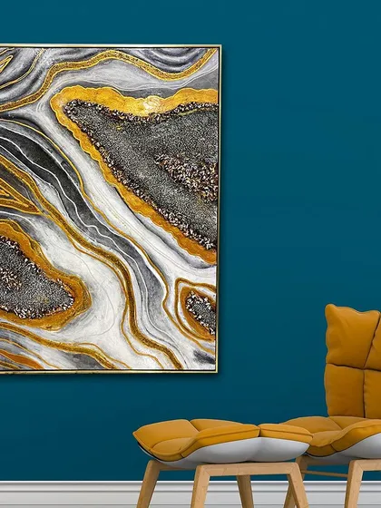 A masterpiece from our resin art collection, this piece features flowing rivers of grey, white, and gold. The embedded crystals and gold foil create a geological, marble-like effect that is both organic and luxurious.