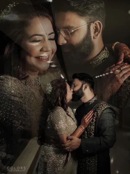 A creative and romantic double exposure, capturing the intimacy of a kiss and the joy of a shared smile.