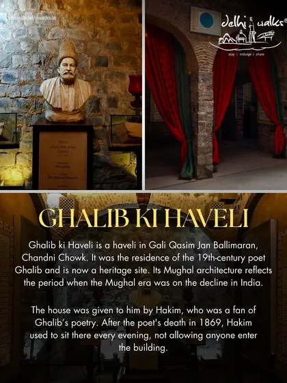 A collage showing the bust of Mirza Ghalib and the interiors of his haveli. The book details its Mughal architecture, which reflects an empire on the decline.