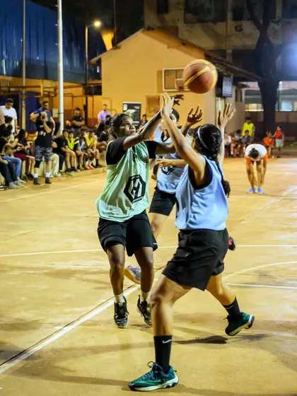 Saraswati from Team Hooping Hotties, the Women's MVP of Hooplah '24, showing her skill on the court.