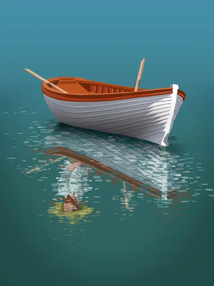 A simple, melancholic image of an empty boat on calm water. Its reflection, however, is not the boat, but the small, yellow house from Arles. It’s a visual poem about loneliness and the memory of a home that has been left behind.