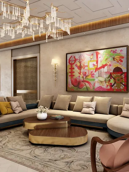 The heart of a Mumbai high-rise where French elegance meets modern flair. This family room features pastel-toned walls, chic French mouldings, and a seamless blend of Michelangelo marble, creating a space bathed in natural light with panoramic sea views.