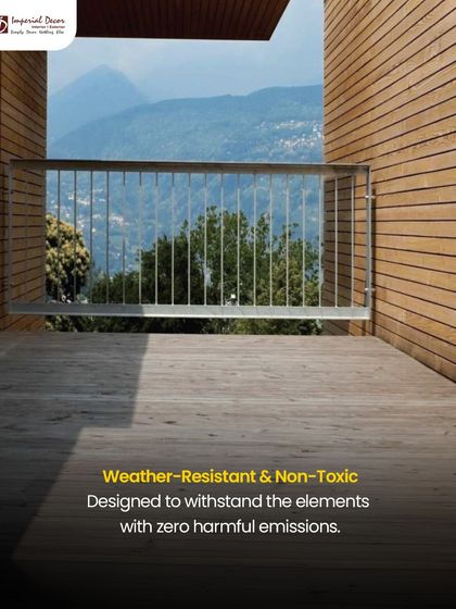 This balcony, with a stunning mountain view, uses Thermopine for its walls and flooring. The material is weather-resistant and non-toxic, making it a safe and durable choice for outdoor spaces exposed to the elements.