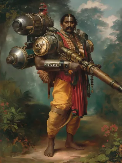 A Yuntryodhā warrior armed with a large, telescope-like rifle and a complex backpack apparatus. This design emphasizes their role as both scientists and soldiers.