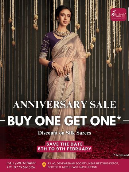 Another announcement for my anniversary sale, featuring a "Buy One Get One" offer. The model is wearing a sophisticated beige silk saree, showcasing the elegance you can find in my collection.