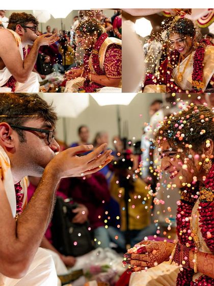A collage of playful moments from a wedding ritual, with the groom blowing colorful pearls at his bride.